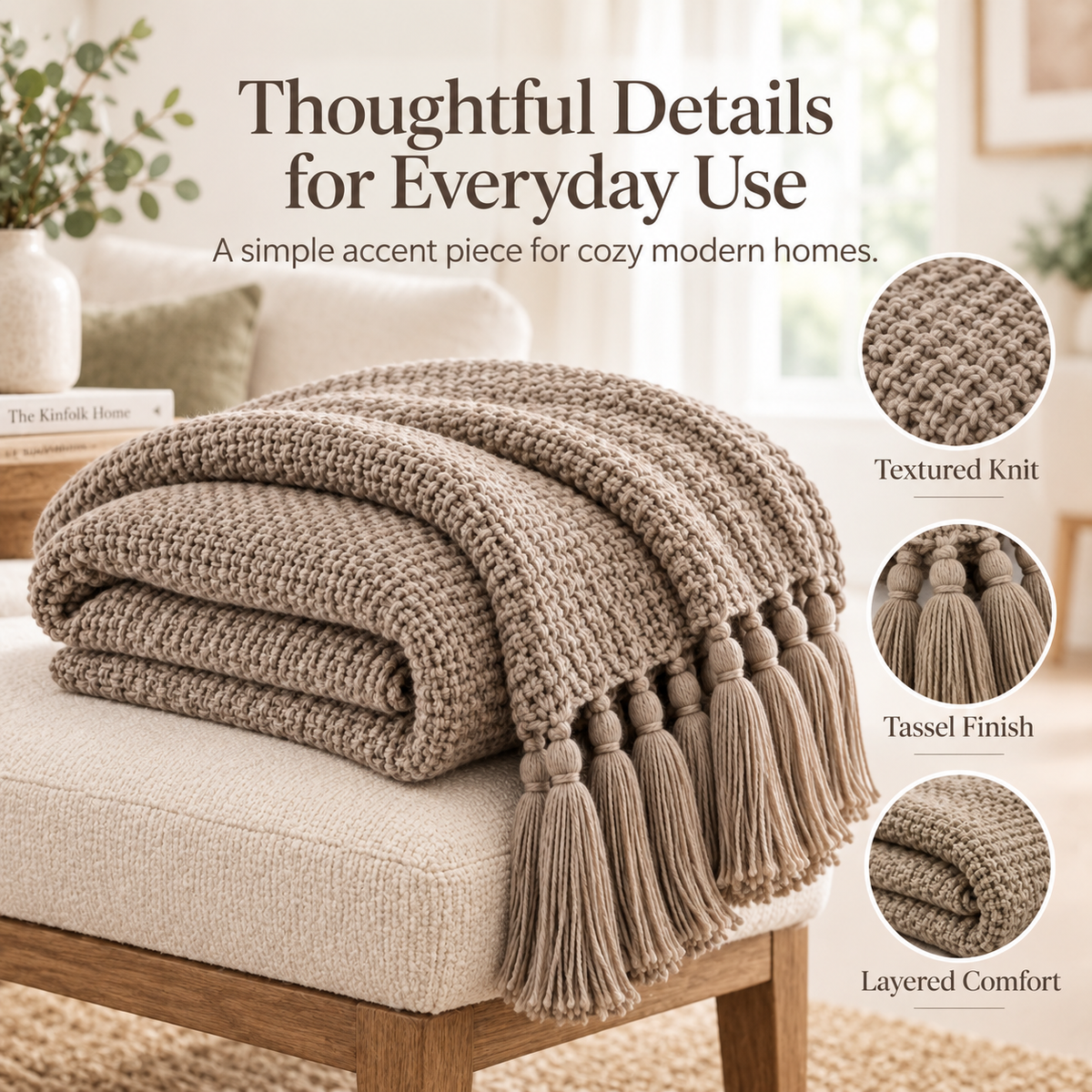 Intoobetter Textured Knit Throw Blanket – Warm Taupe Tassel Accent Blanket for Sofa, Bed and Home Decor