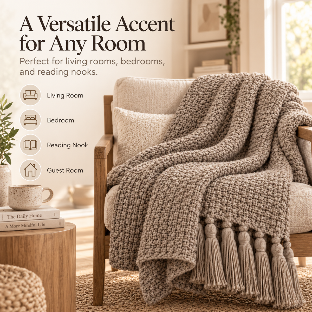 Intoobetter Textured Knit Throw Blanket – Warm Taupe Tassel Accent Blanket for Sofa, Bed and Home Decor