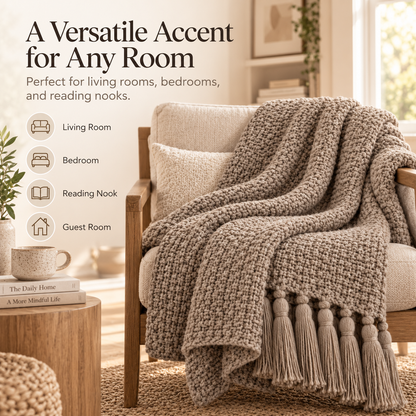 Intoobetter Textured Knit Throw Blanket – Warm Taupe Tassel Accent Blanket for Sofa, Bed and Home Decor