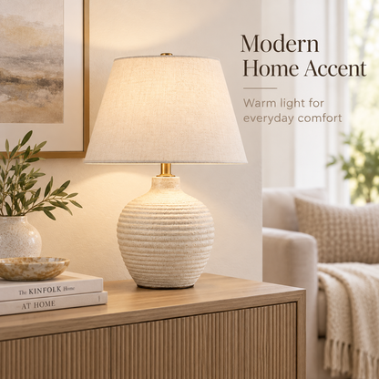 Intoobetter Textured Cream Table Lamp – Neutral Accent Lamp with Ribbed Base and Fabric-Look Shade