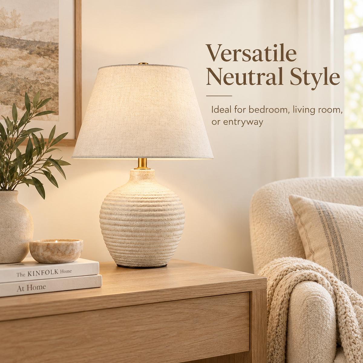 Intoobetter Textured Cream Table Lamp – Neutral Accent Lamp with Ribbed Base and Fabric-Look Shade