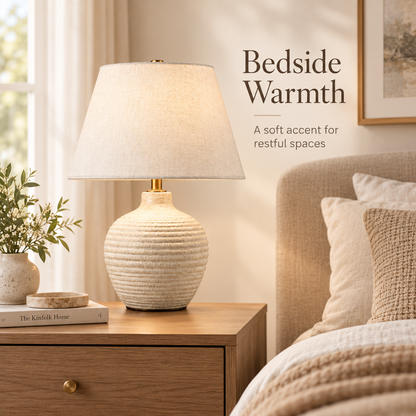 Intoobetter Textured Cream Table Lamp – Neutral Accent Lamp with Ribbed Base and Fabric-Look Shade