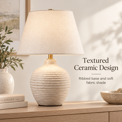 Intoobetter Textured Cream Table Lamp – Neutral Accent Lamp with Ribbed Base and Fabric-Look Shade