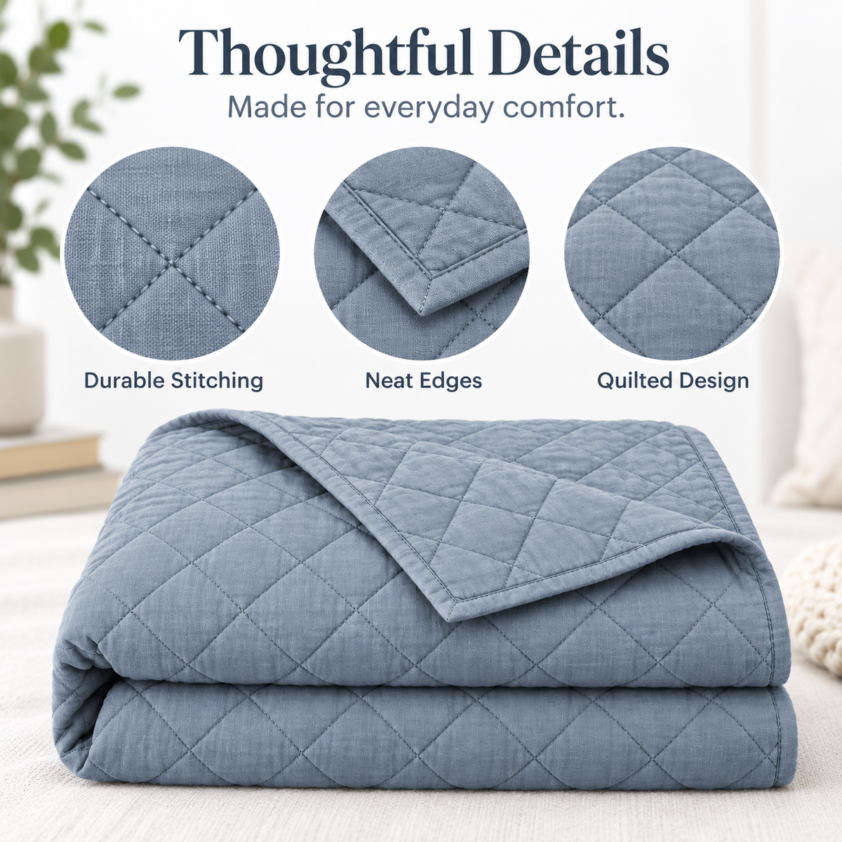 Intoobetter Quilted Bedspread – Dusty Blue Diamond-Stitch Decorative Cover for Bedroom and Home Styling