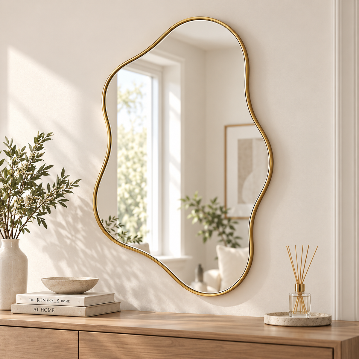 Intoobetter Irregular Wall Mirror – Organic-Shaped Gold-Tone Framed Accent Mirror for Bedroom, Entryway and Living Room