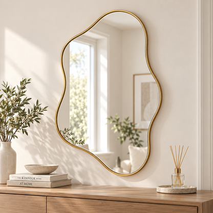 Intoobetter Irregular Wall Mirror – Organic-Shaped Gold-Tone Framed Accent Mirror for Bedroom, Entryway and Living Room
