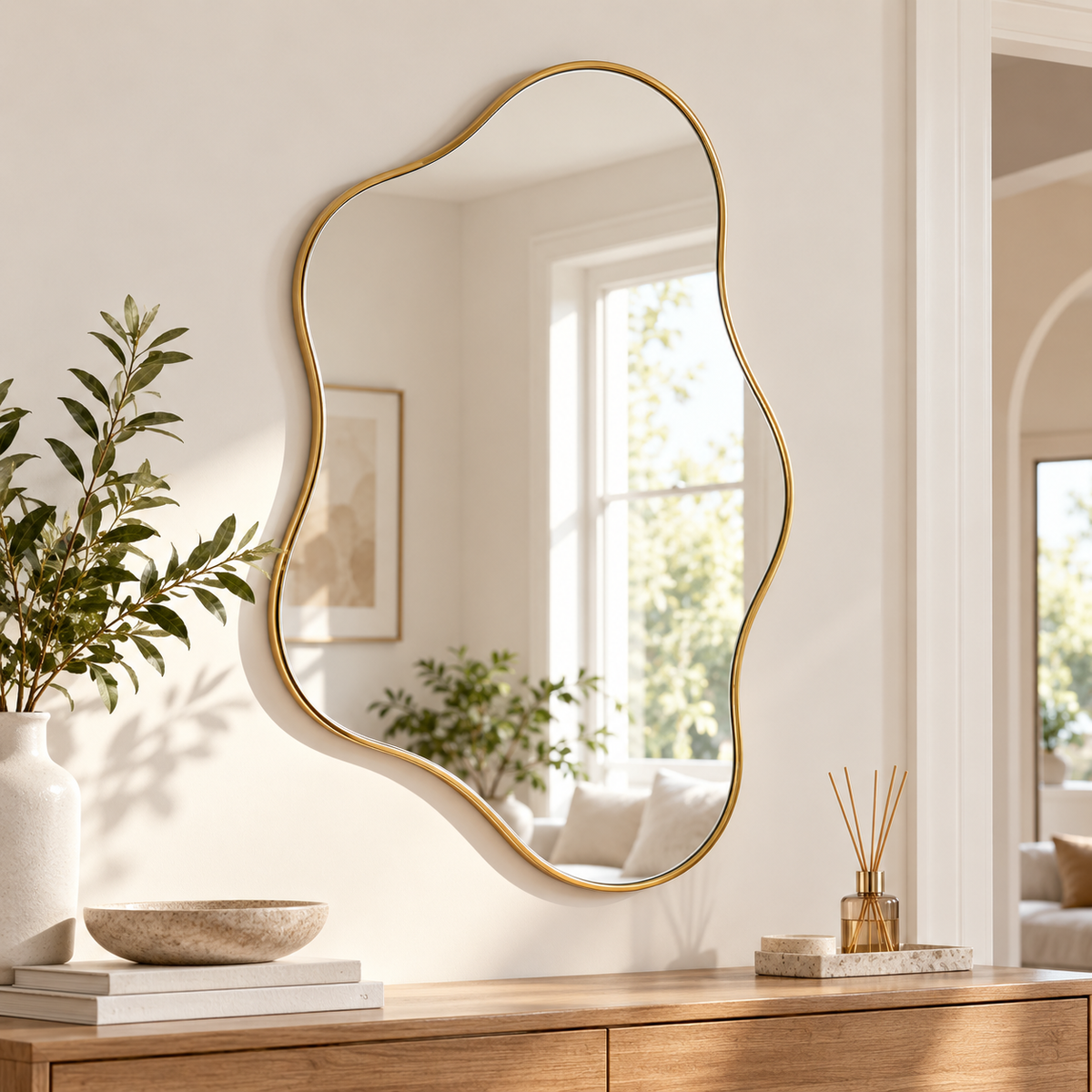 Intoobetter Irregular Wall Mirror – Organic-Shaped Gold-Tone Framed Accent Mirror for Bedroom, Entryway and Living Room