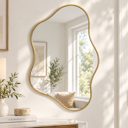 Intoobetter Irregular Wall Mirror – Organic-Shaped Gold-Tone Framed Accent Mirror for Bedroom, Entryway and Living Room