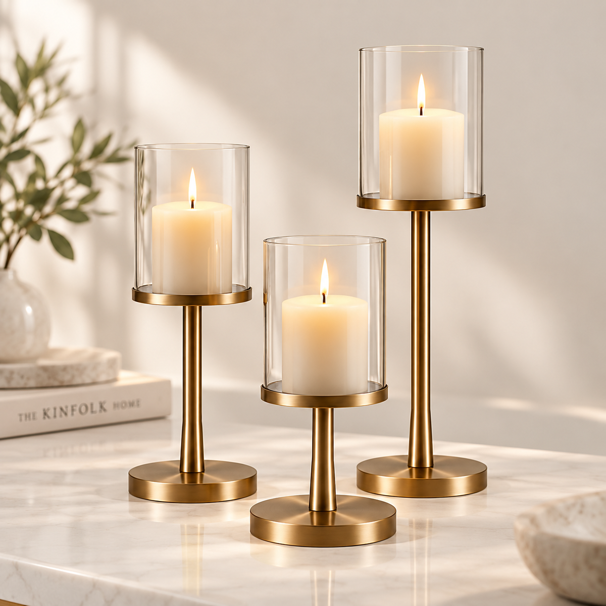 Intoobetter Gold-Tone Candle Holder Set – 3-Piece Glass Hurricane Stand Set for Tabletop and Home Decor