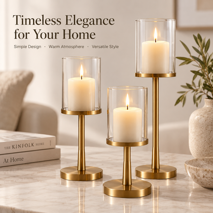 Intoobetter Gold-Tone Candle Holder Set – 3-Piece Glass Hurricane Stand Set for Tabletop and Home Decor