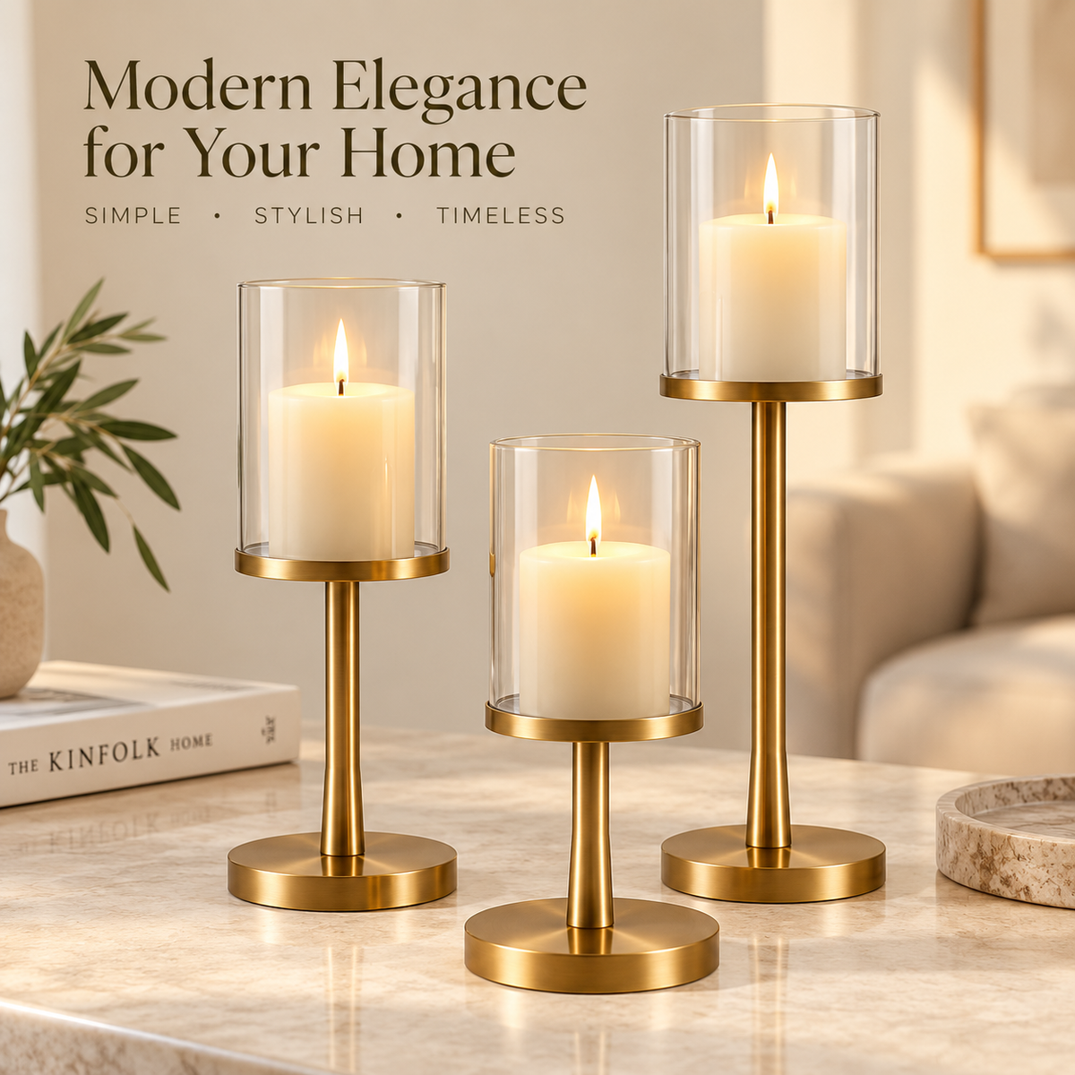 Intoobetter Gold-Tone Candle Holder Set – 3-Piece Glass Hurricane Stand Set for Tabletop and Home Decor