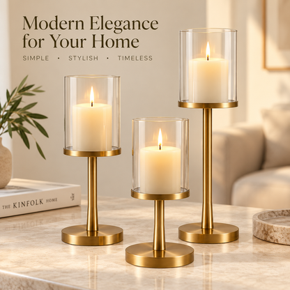 Intoobetter Gold-Tone Candle Holder Set – 3-Piece Glass Hurricane Stand Set for Tabletop and Home Decor