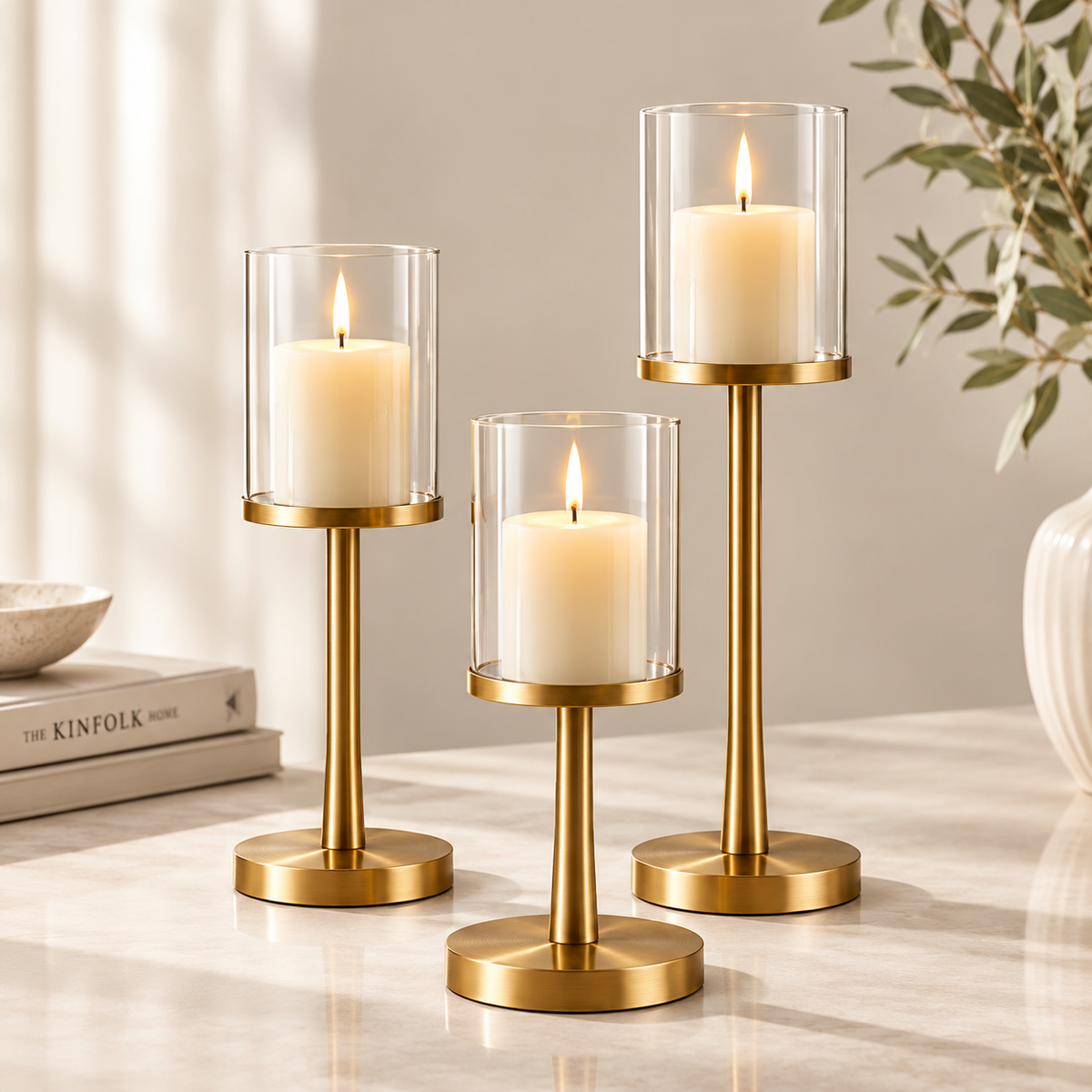 Intoobetter Gold-Tone Candle Holder Set – 3-Piece Glass Hurricane Stand Set for Tabletop and Home Decor