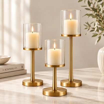 Intoobetter Gold-Tone Candle Holder Set – 3-Piece Glass Hurricane Stand Set for Tabletop and Home Decor