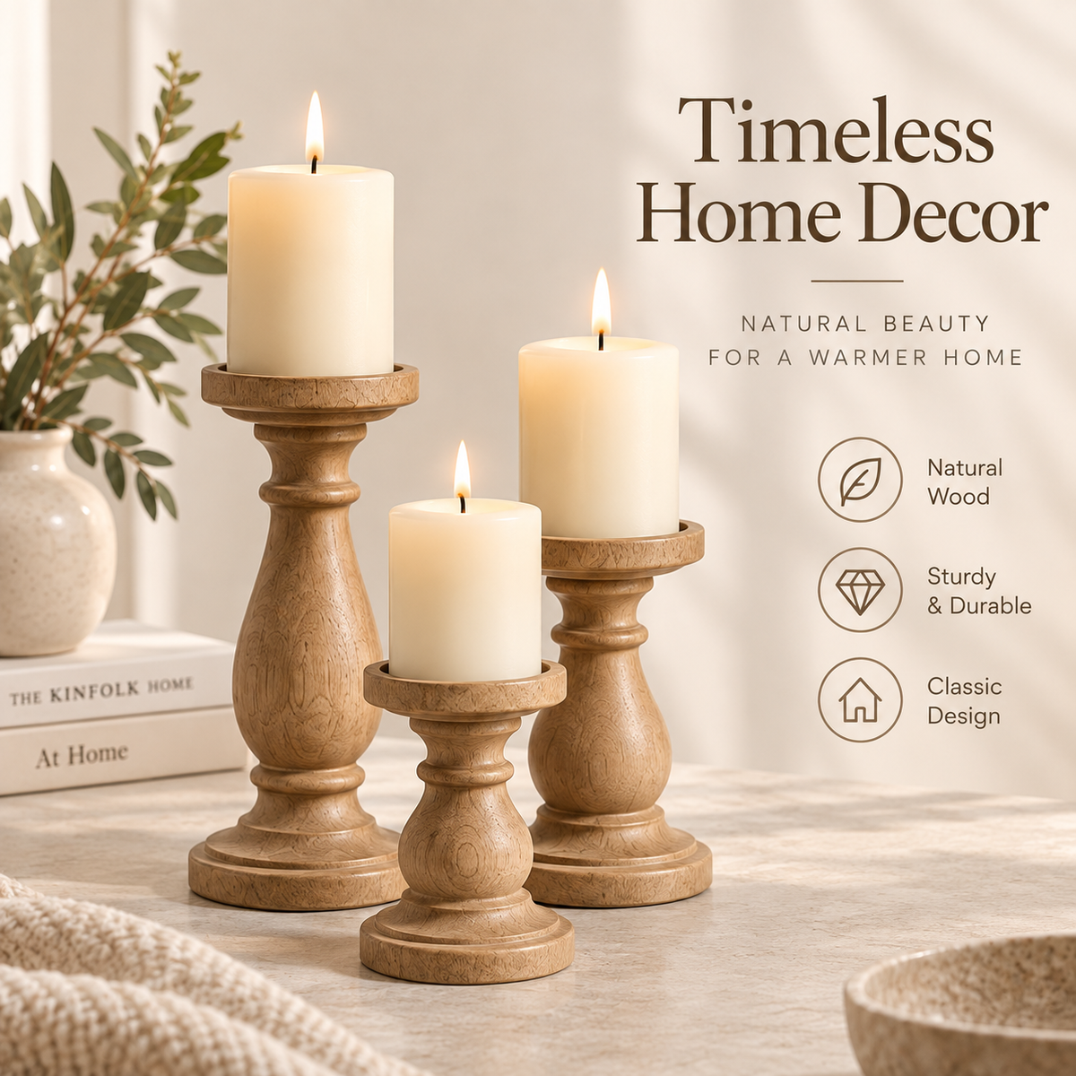 Intoobetter Carved Wood-Tone Candle Holder Set – 3-Piece Decorative Pillar Candle Stand Set for Tabletop and Home Decor