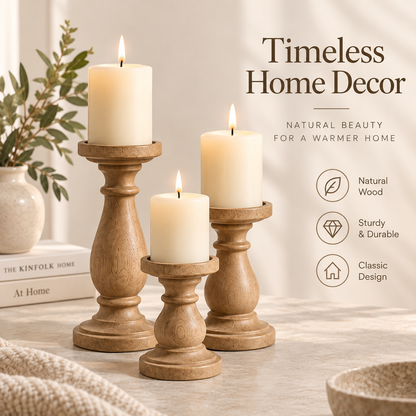 Intoobetter Carved Wood-Tone Candle Holder Set – 3-Piece Decorative Pillar Candle Stand Set for Tabletop and Home Decor