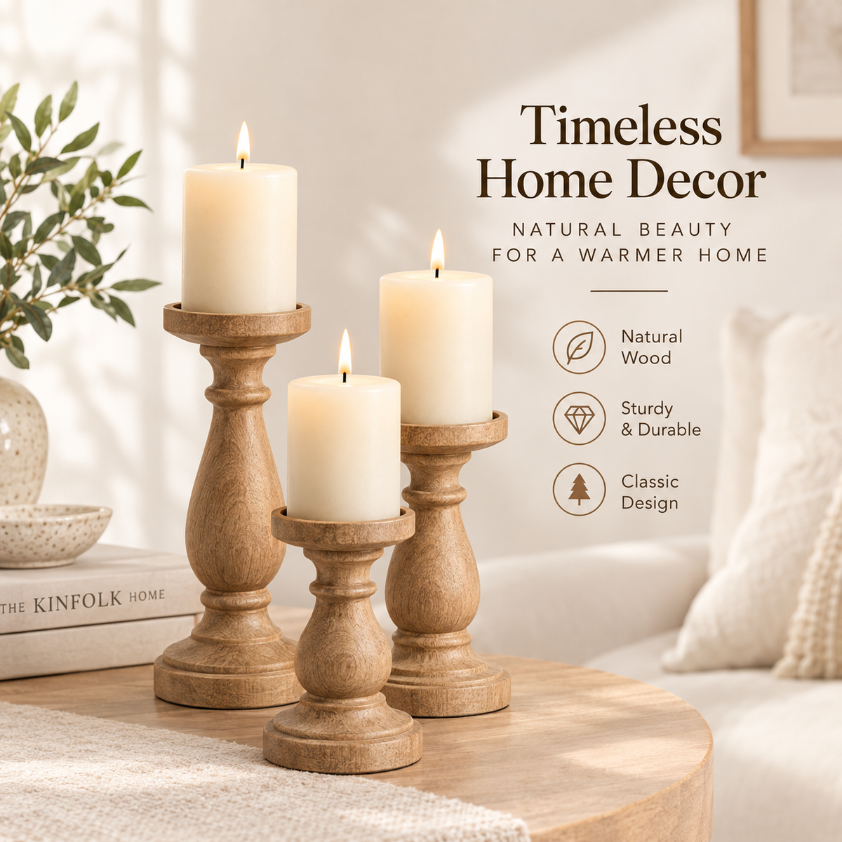 Intoobetter Carved Wood-Tone Candle Holder Set – 3-Piece Decorative Pillar Candle Stand Set for Tabletop and Home Decor