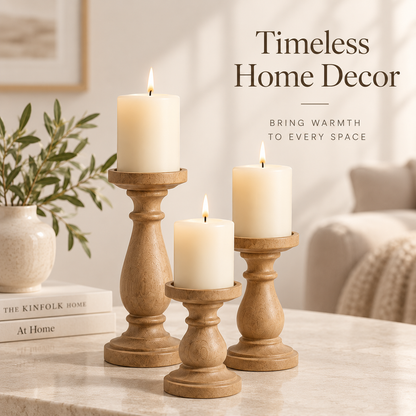 Intoobetter Carved Wood-Tone Candle Holder Set – 3-Piece Decorative Pillar Candle Stand Set for Tabletop and Home Decor