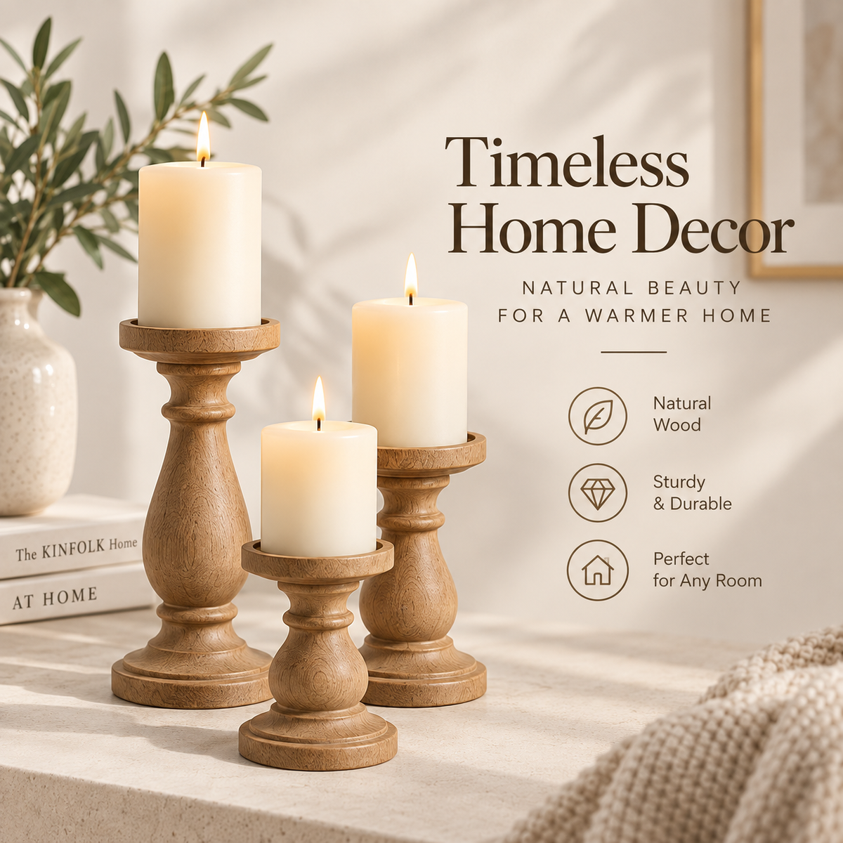 Intoobetter Carved Wood-Tone Candle Holder Set – 3-Piece Decorative Pillar Candle Stand Set for Tabletop and Home Decor