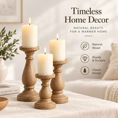 Intoobetter Carved Wood-Tone Candle Holder Set – 3-Piece Decorative Pillar Candle Stand Set for Tabletop and Home Decor