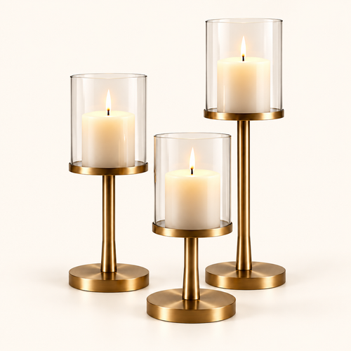 Intoobetter Gold-Tone Candle Holder Set – 3-Piece Glass Hurricane Stand Set for Tabletop and Home Decor