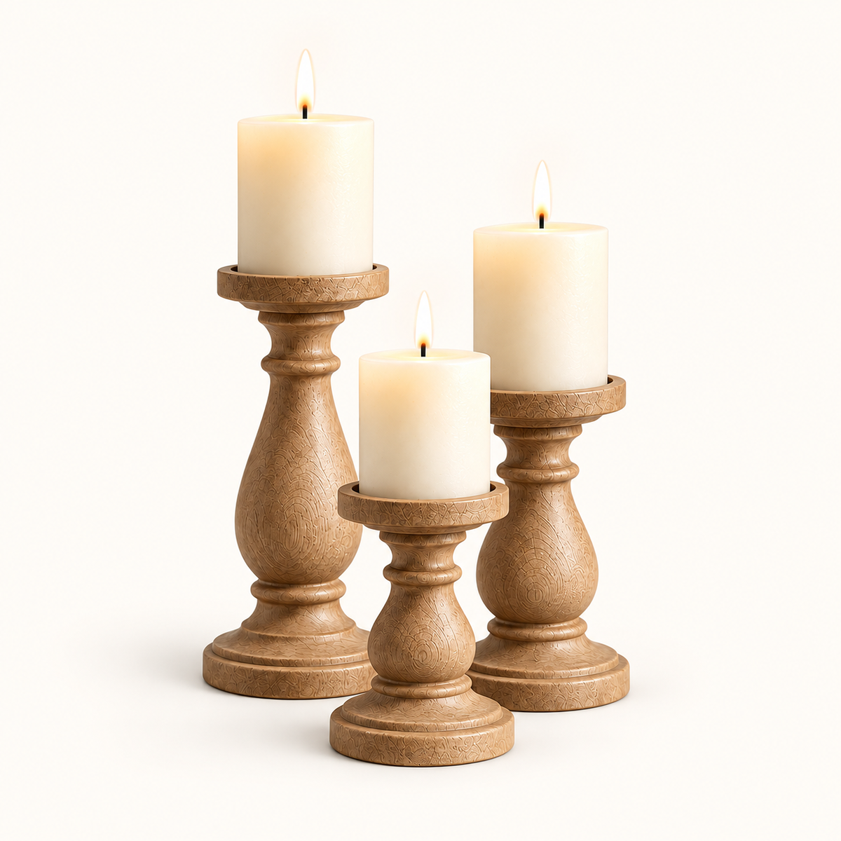 Intoobetter Carved Wood-Tone Candle Holder Set – 3-Piece Decorative Pillar Candle Stand Set for Tabletop and Home Decor