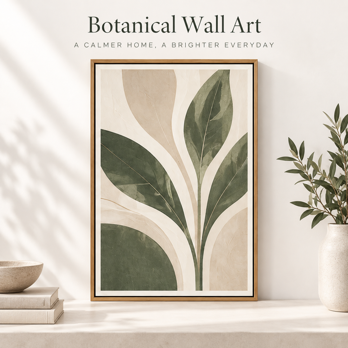 Intoobetter Botanical Framed Wall Art – Green Leaf and Neutral Abstract Decor for Living Room, Bedroom and Entryway