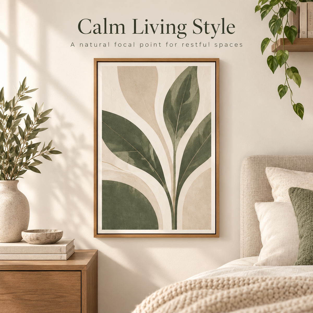 Intoobetter Botanical Framed Wall Art – Green Leaf and Neutral Abstract Decor for Living Room, Bedroom and Entryway