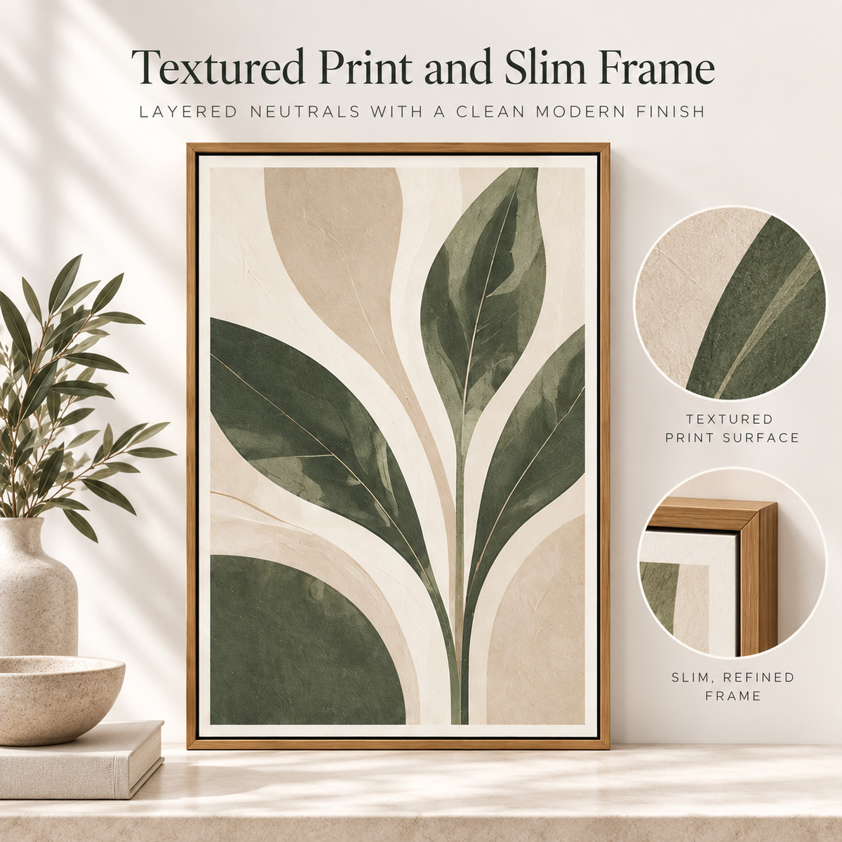 Intoobetter Botanical Framed Wall Art – Green Leaf and Neutral Abstract Decor for Living Room, Bedroom and Entryway