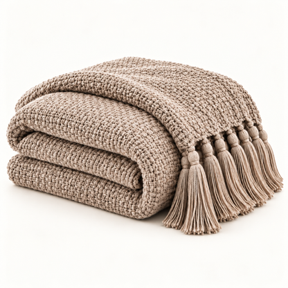 Intoobetter Textured Knit Throw Blanket – Warm Taupe Tassel Accent Blanket for Sofa, Bed and Home Decor