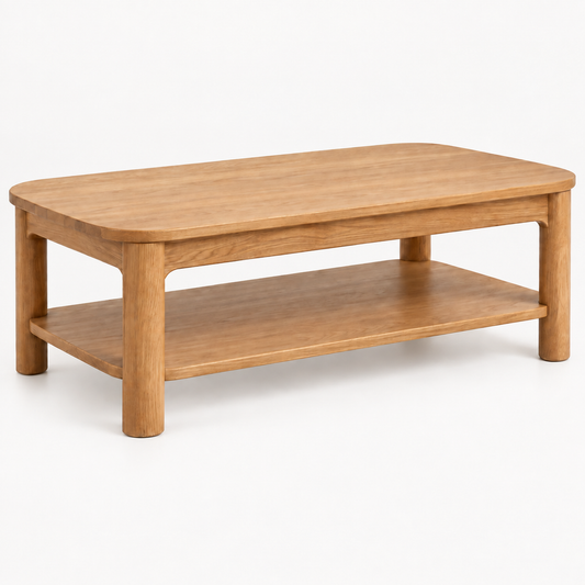Intoobetter Natural Wood-Tone Coffee Table – Two-Tier Rounded Rectangular Table with Open Storage Shelf