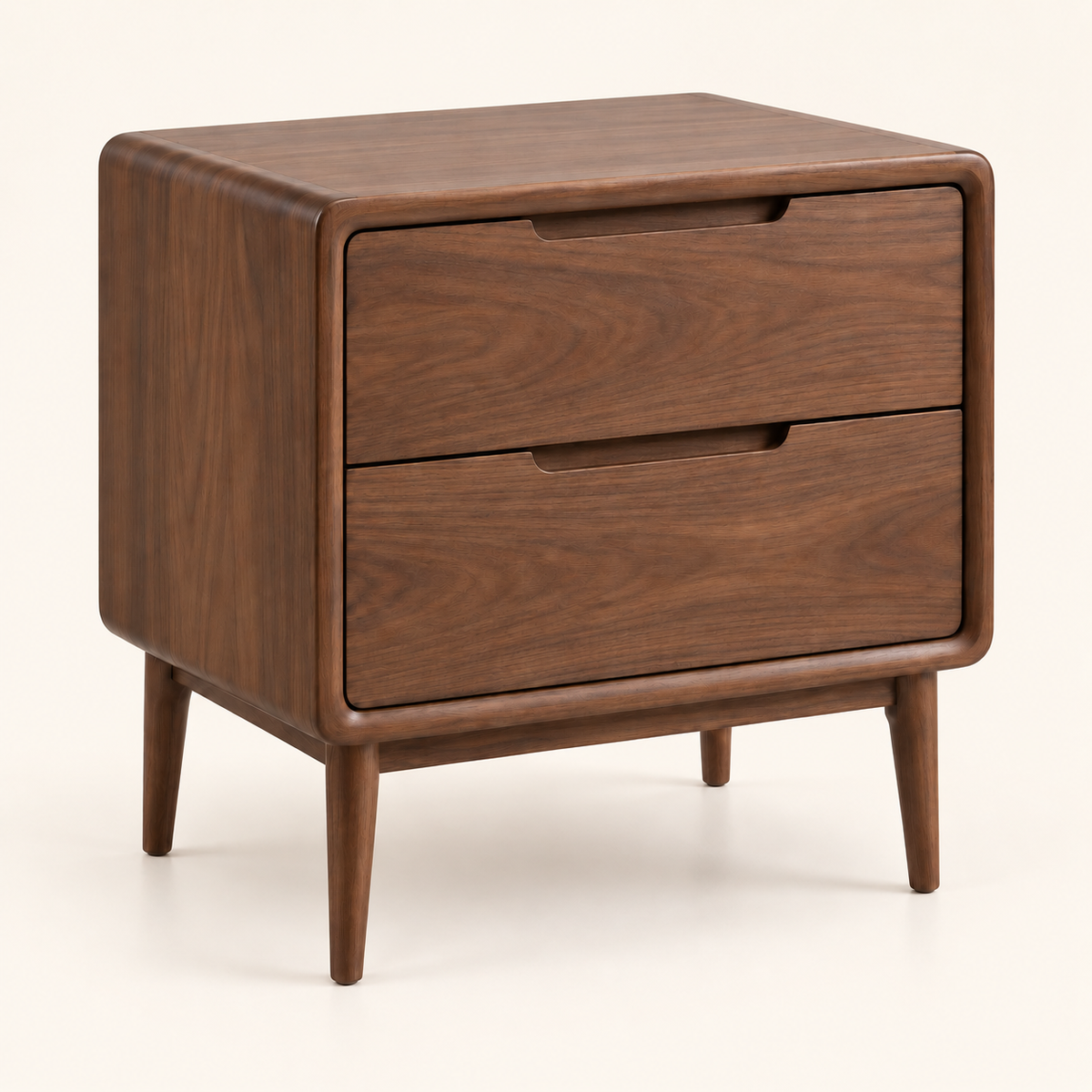 Intoobetter Walnut-Tone 2-Drawer Nightstand – Rounded Wooden-Look Bedside Table with Tapered Legs