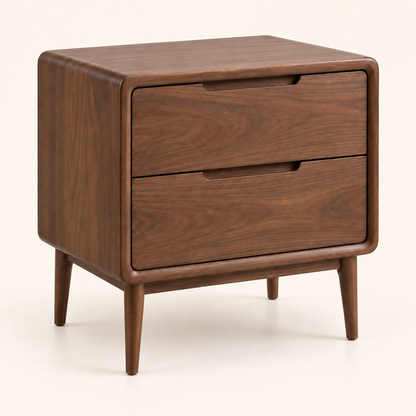 Intoobetter Walnut-Tone 2-Drawer Nightstand – Rounded Wooden-Look Bedside Table with Tapered Legs