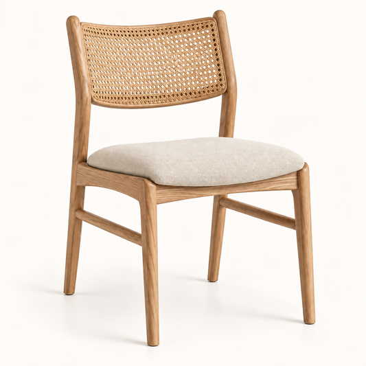 Intoobetter Natural Wood-Tone Dining Chair – Woven Back Accent Chair with Cream Upholstered Seat