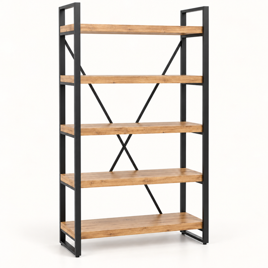 Intoobetter 5-Tier Open Shelving Unit – Wood-Tone Display Bookcase with Black Frame for Modern Home Storage