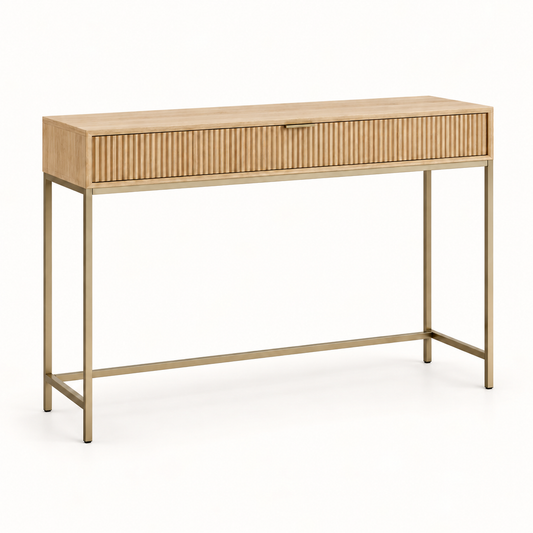 Intoobetter Fluted Console Table – Natural Wood-Tone Entryway Table with Gold-Tone Frame and Drawer Storage