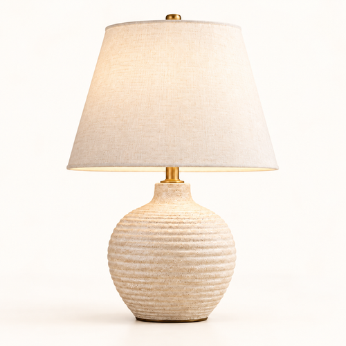 Intoobetter Textured Cream Table Lamp – Neutral Accent Lamp with Ribbed Base and Fabric-Look Shade