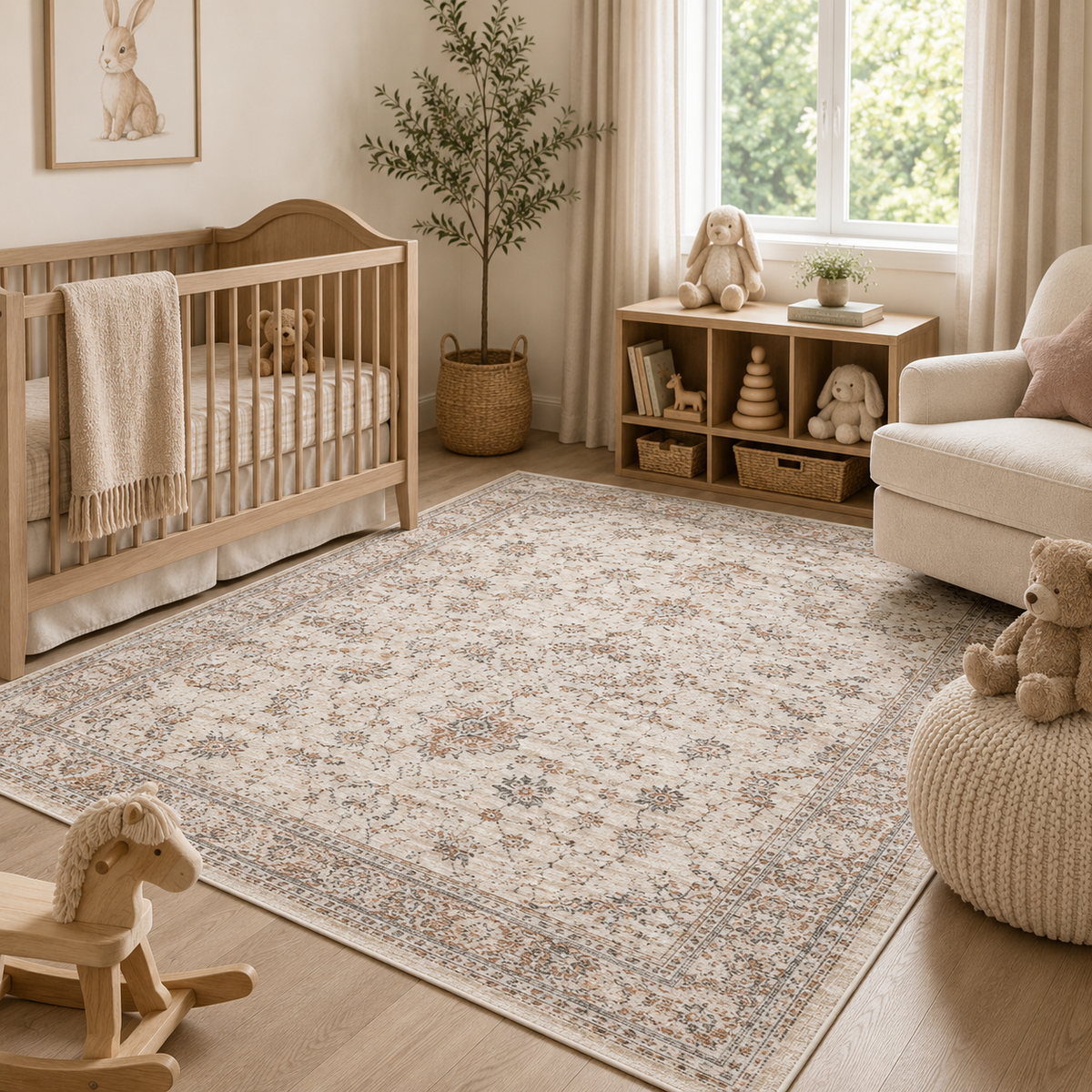 Intoobetter Vintage Floral Area Rug – Soft Neutral Decorative Rug for Nursery, Bedroom and Living Room