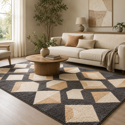 Intoobetter Geometric Plush Area Rug – Charcoal, Beige and Tan Diamond Pattern Rug for Bedroom and Living Room