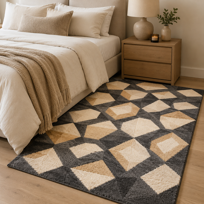 Intoobetter Geometric Plush Area Rug – Charcoal, Beige and Tan Diamond Pattern Rug for Bedroom and Living Room
