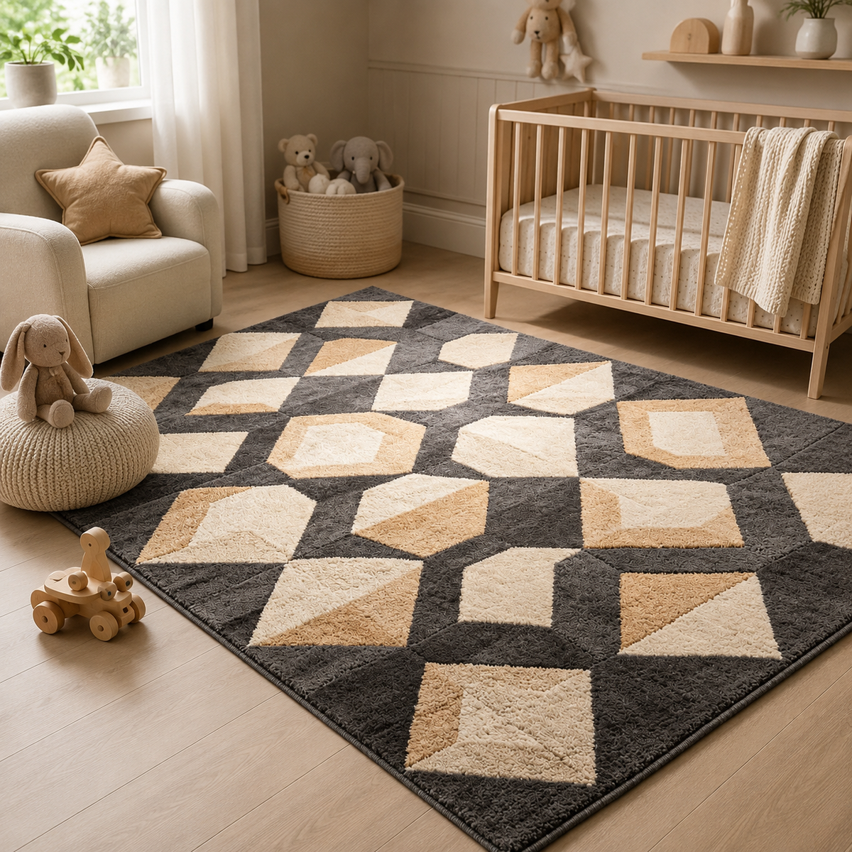 Intoobetter Geometric Plush Area Rug – Charcoal, Beige and Tan Diamond Pattern Rug for Bedroom and Living Room