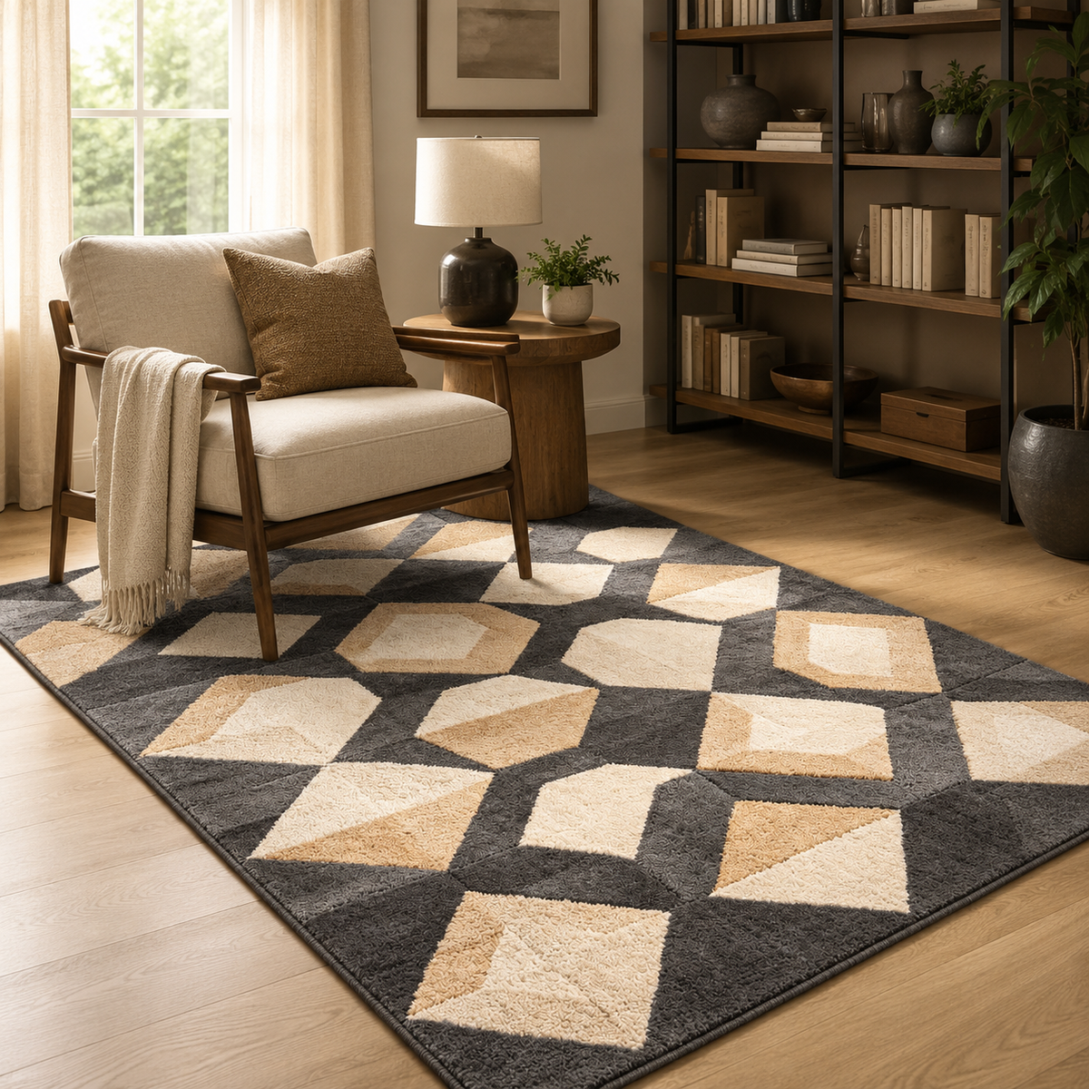 Intoobetter Geometric Plush Area Rug – Charcoal, Beige and Tan Diamond Pattern Rug for Bedroom and Living Room