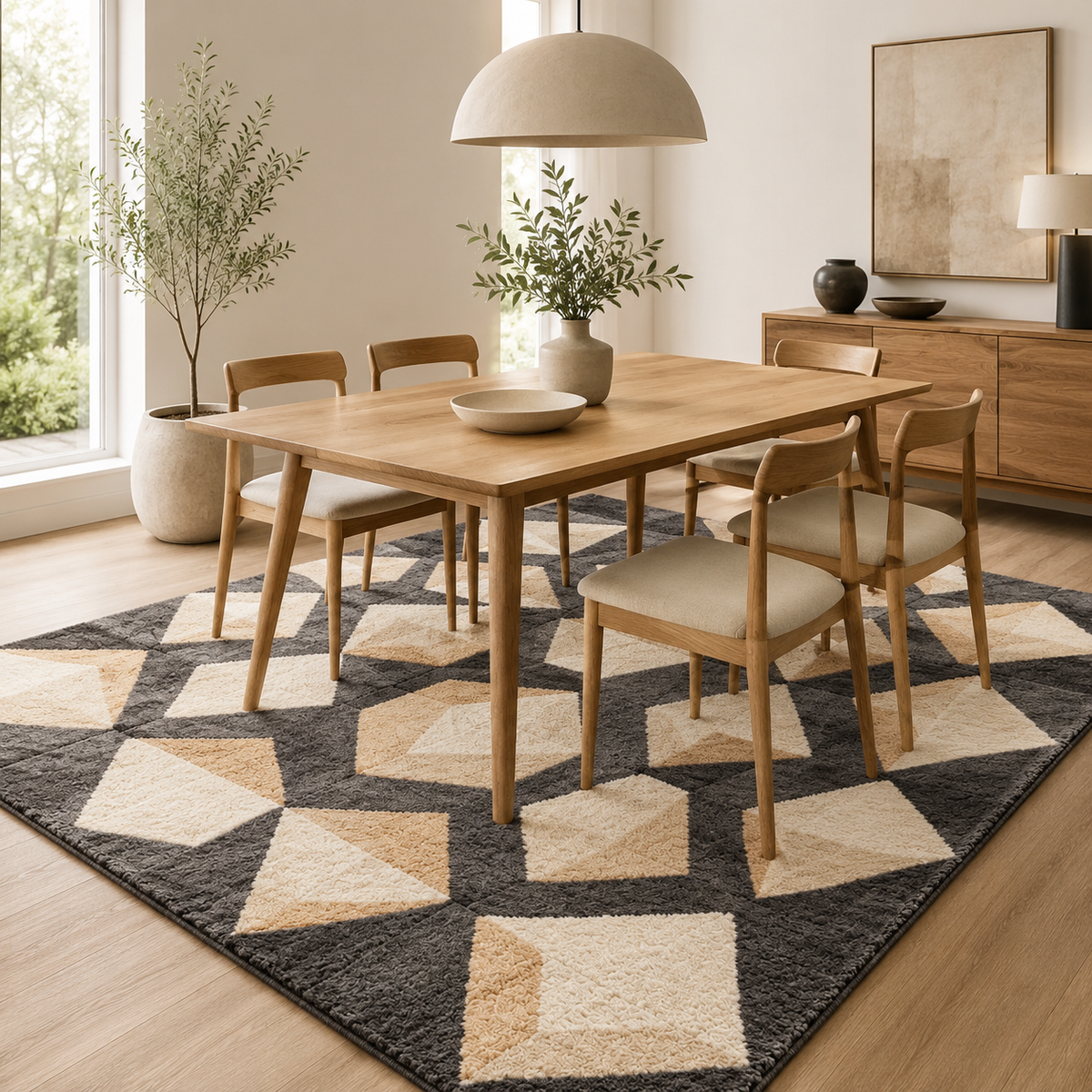 Intoobetter Geometric Plush Area Rug – Charcoal, Beige and Tan Diamond Pattern Rug for Bedroom and Living Room