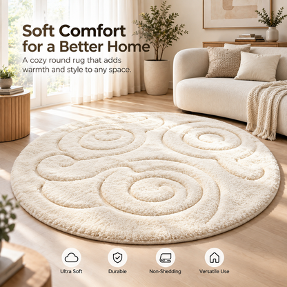 Intoobetter Round Plush Area Rug – Cream Swirl Pattern Accent Rug for Living Room, Bedroom and Cozy Home Styling