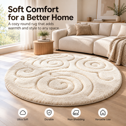 Intoobetter Round Plush Area Rug – Cream Swirl Pattern Accent Rug for Living Room, Bedroom and Cozy Home Styling