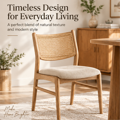 Intoobetter Natural Wood-Tone Dining Chair – Woven Back Accent Chair with Cream Upholstered Seat