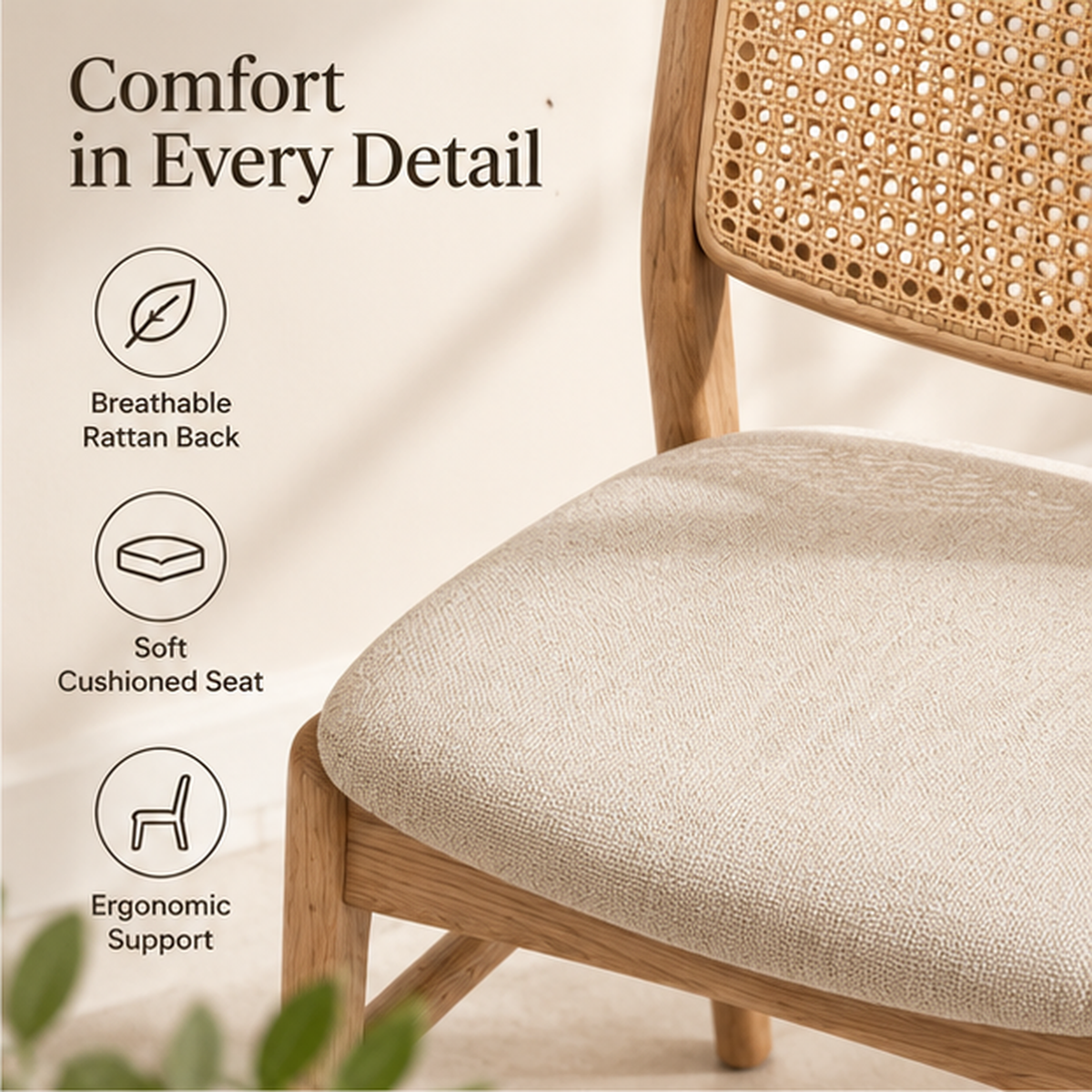 Intoobetter Natural Wood-Tone Dining Chair – Woven Back Accent Chair with Cream Upholstered Seat