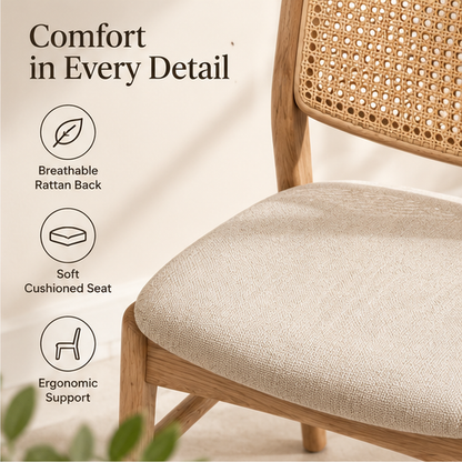 Intoobetter Natural Wood-Tone Dining Chair – Woven Back Accent Chair with Cream Upholstered Seat
