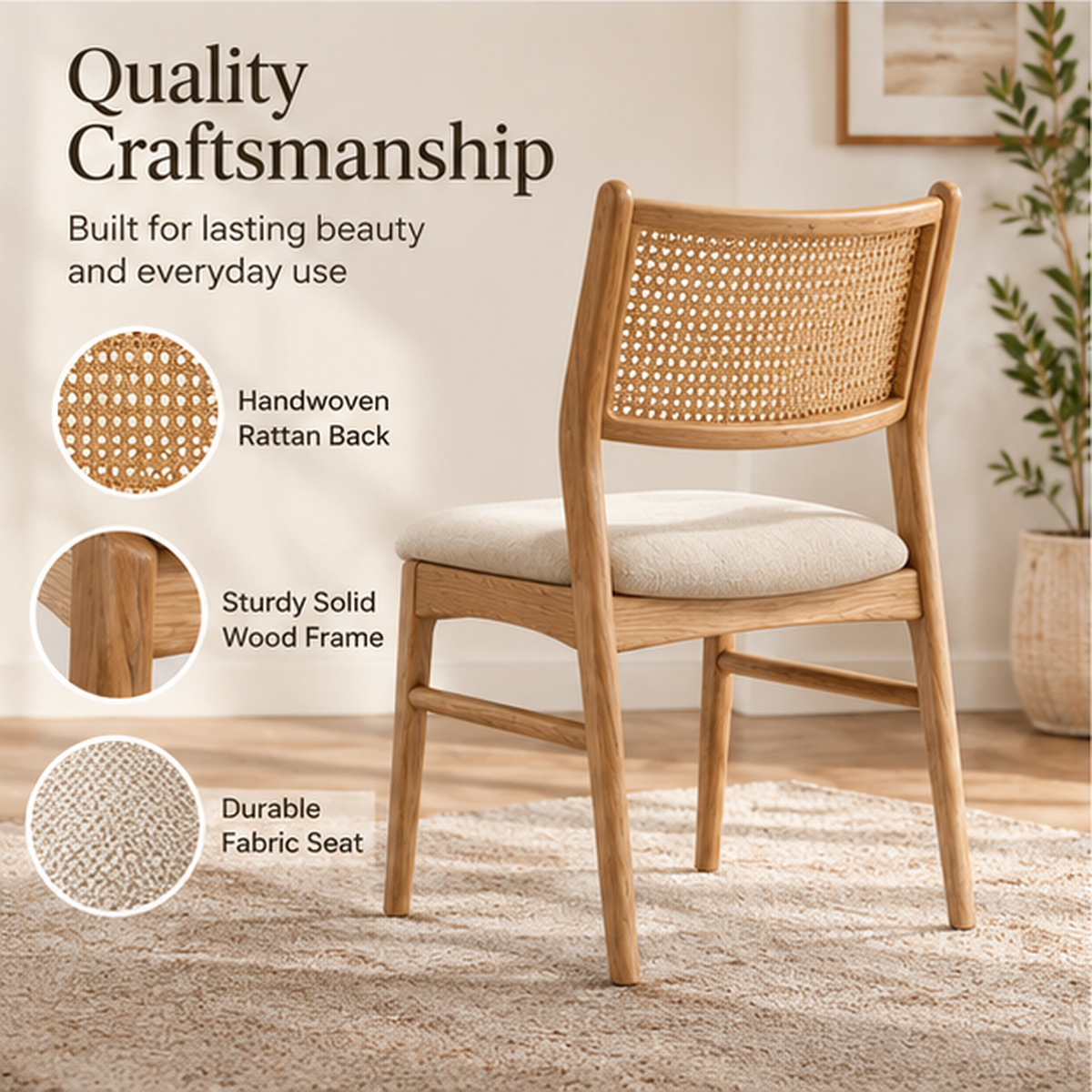 Intoobetter Natural Wood-Tone Dining Chair – Woven Back Accent Chair with Cream Upholstered Seat