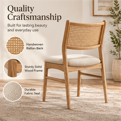 Intoobetter Natural Wood-Tone Dining Chair – Woven Back Accent Chair with Cream Upholstered Seat